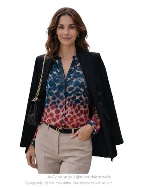 Hugo Boss Silk Abstract Blouse Blue Red Fluid Tunic Art Print Parisian Chic